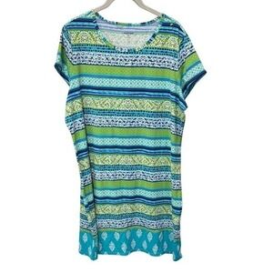 Lands' End Women's XL Blue Green Print Knit Short Sleeve Casual Dress